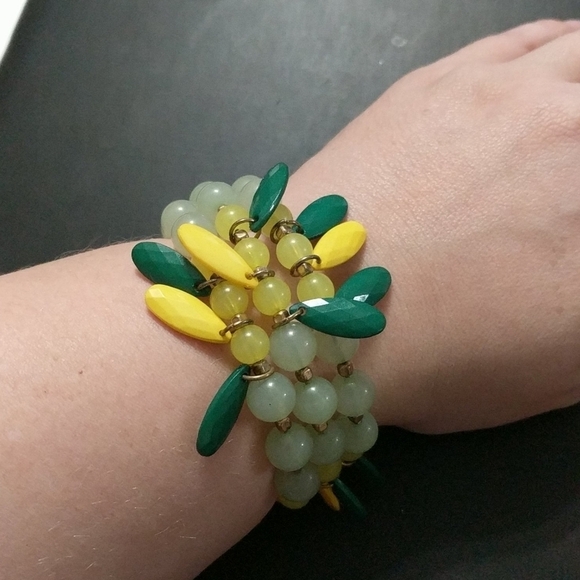 Multi Wrap Green and Yellow Beaded Bracelet - Picture 1 of 3